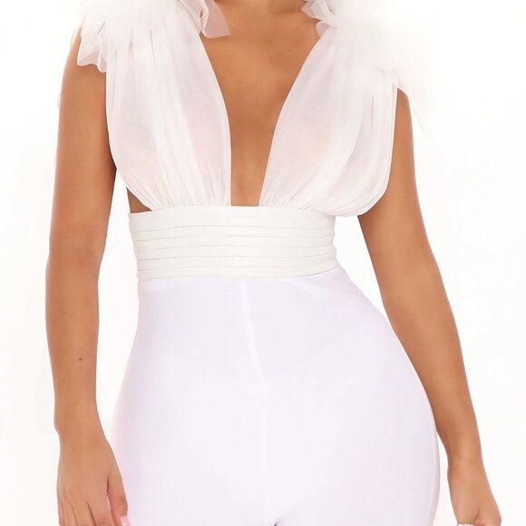 Glamorous Stretch White Jumpsuit Deep V Neck Bodysuit W/ Oversized Tulle Flower - Picture 4 of 7